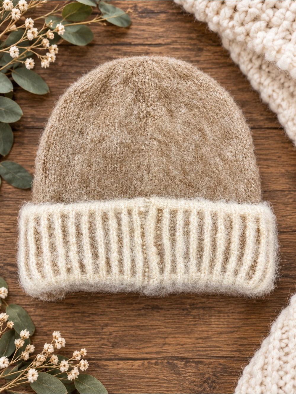 Free People Two-Tone Knit Beanie - Tan and Cream